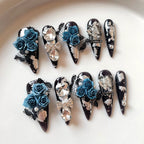 Gothic Black Press-On Nails with Blue Roses, Lace & Rhinestone Details | Dark Elegant 3D Nail Art for Halloween, Gothic Party & Fashion Show