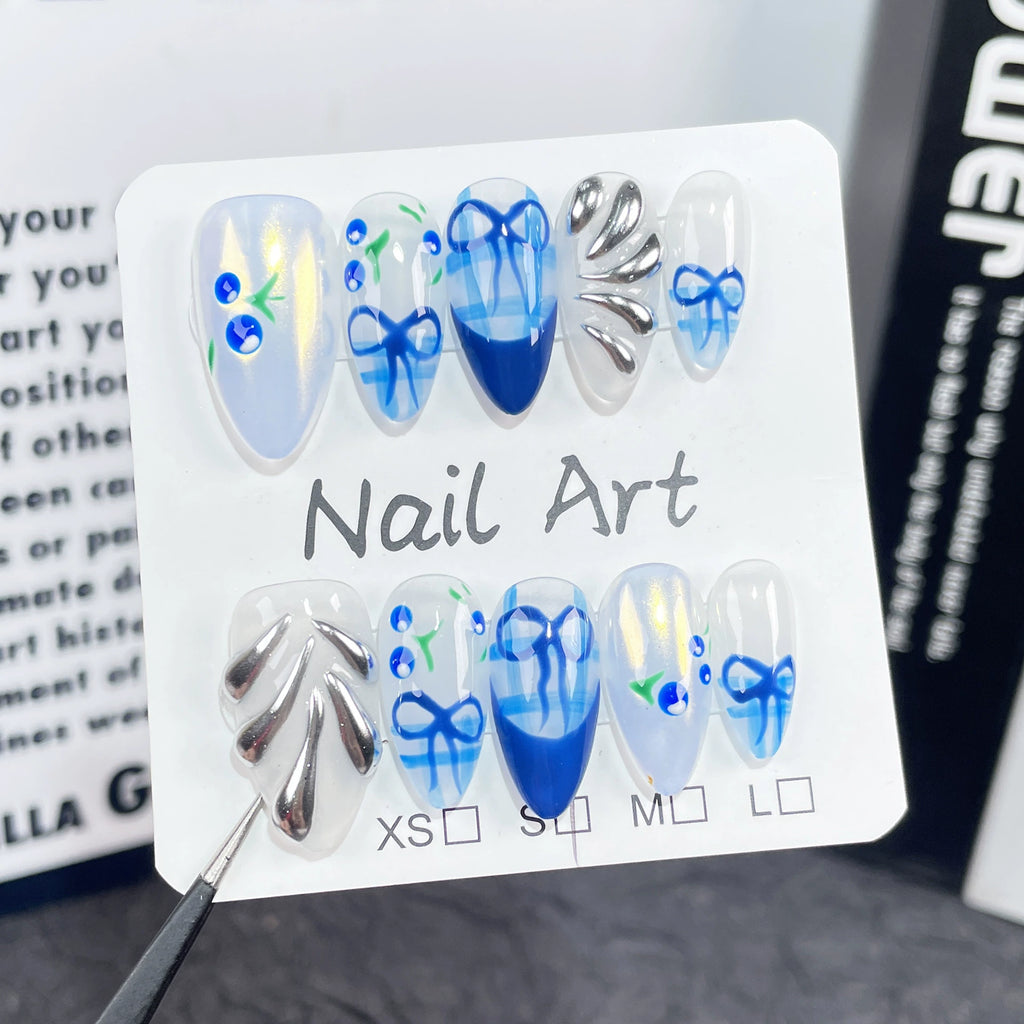Blueberry Charm - Plaid Press-On Nails | 3D Bow Nail Art for Spring Picnic & Art Exhibition | Blue White Nails with Silver & Leaf Accents