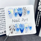 Blueberry Charm - Plaid Press-On Nails | 3D Bow Nail Art for Spring Picnic & Art Exhibition | Blue White Nails with Silver & Leaf Accents