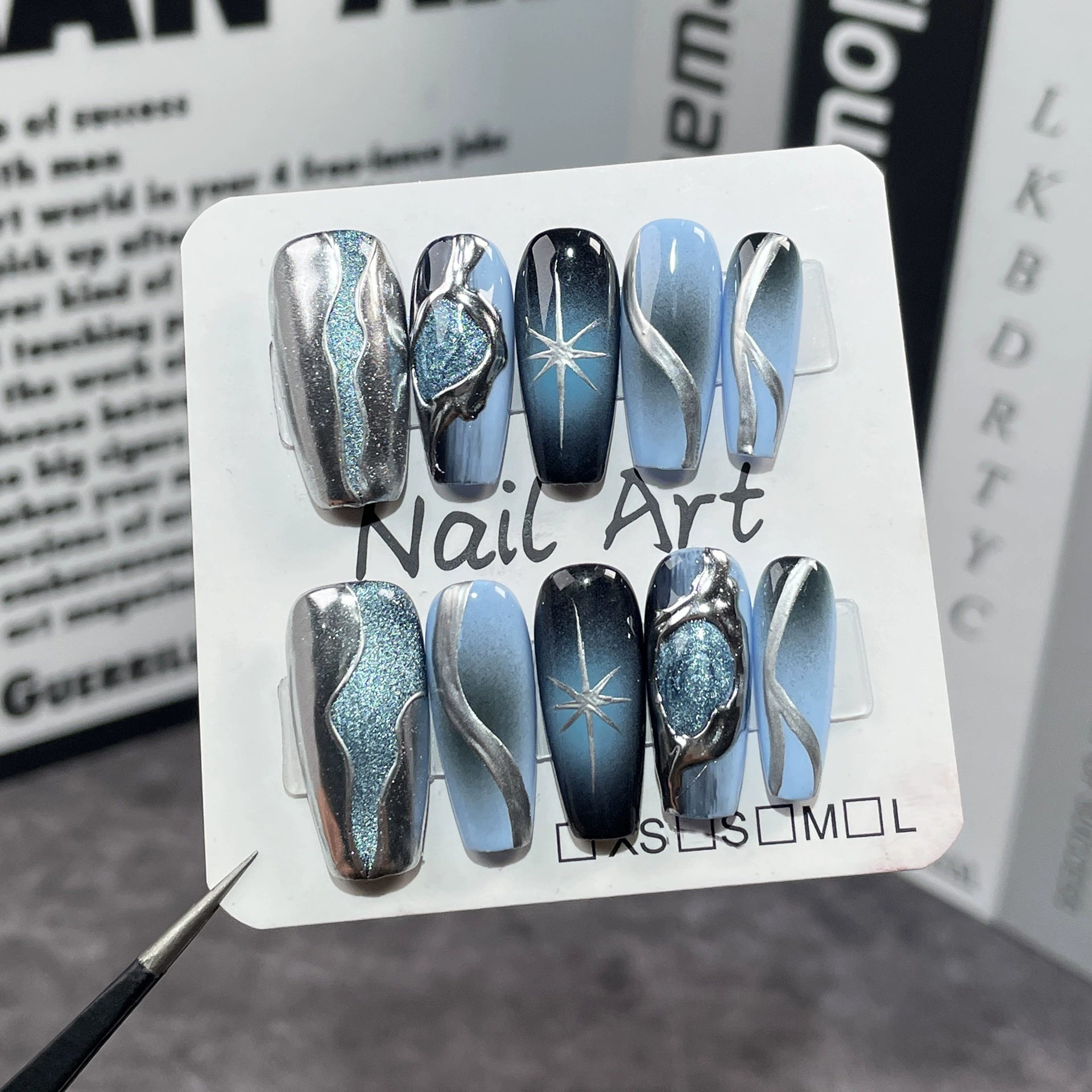 Futuristic Sci-Fi Press-On Nails - Blue & Black Gradient with Silver Metallic Lines, Glitter & Star Patterns | Cool Nail Design for Tech Shows, Runway & Themed Parties