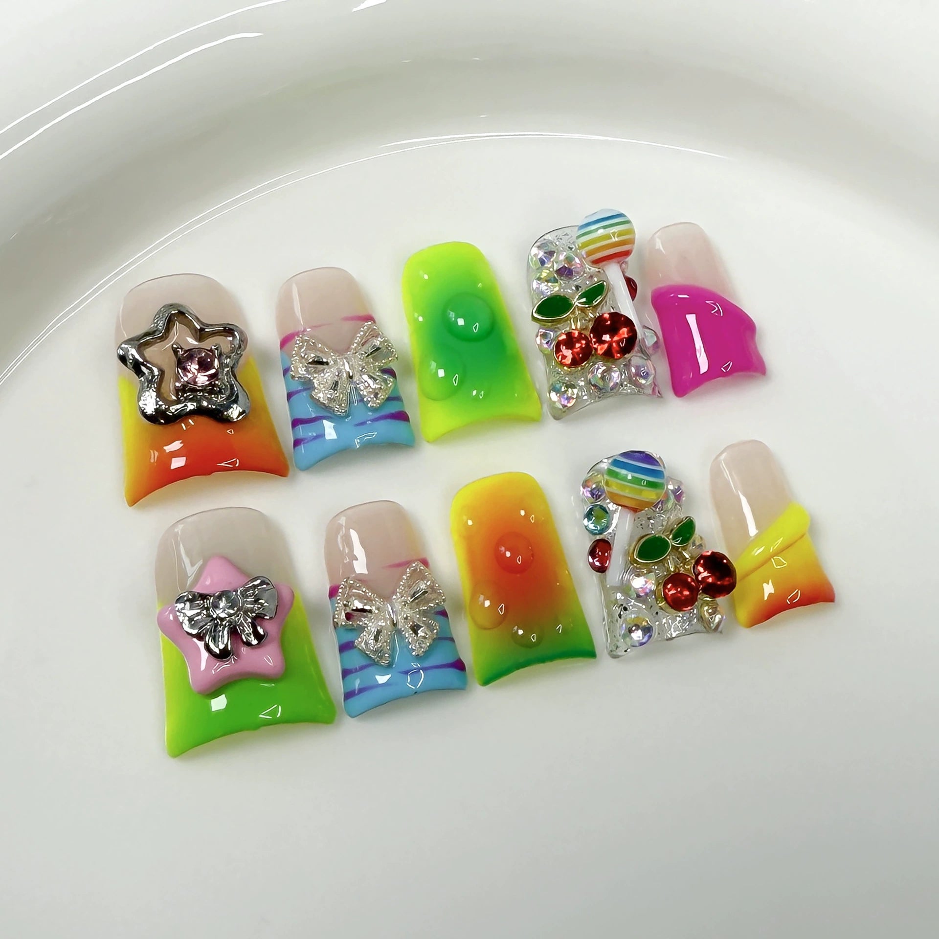 Rainbow Gradient Press-On Nails | Neon Candycore 3D Lollipop Butterfly Star Nail Art | Colorful Glitter Nails for Festival Party