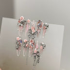 Luxury Romantic Palace Press-On Nails - Transparent Pink with 3D Flowers, Metal Bows, Crystals & Pearls | Wedding & Elegant Party Nail Art