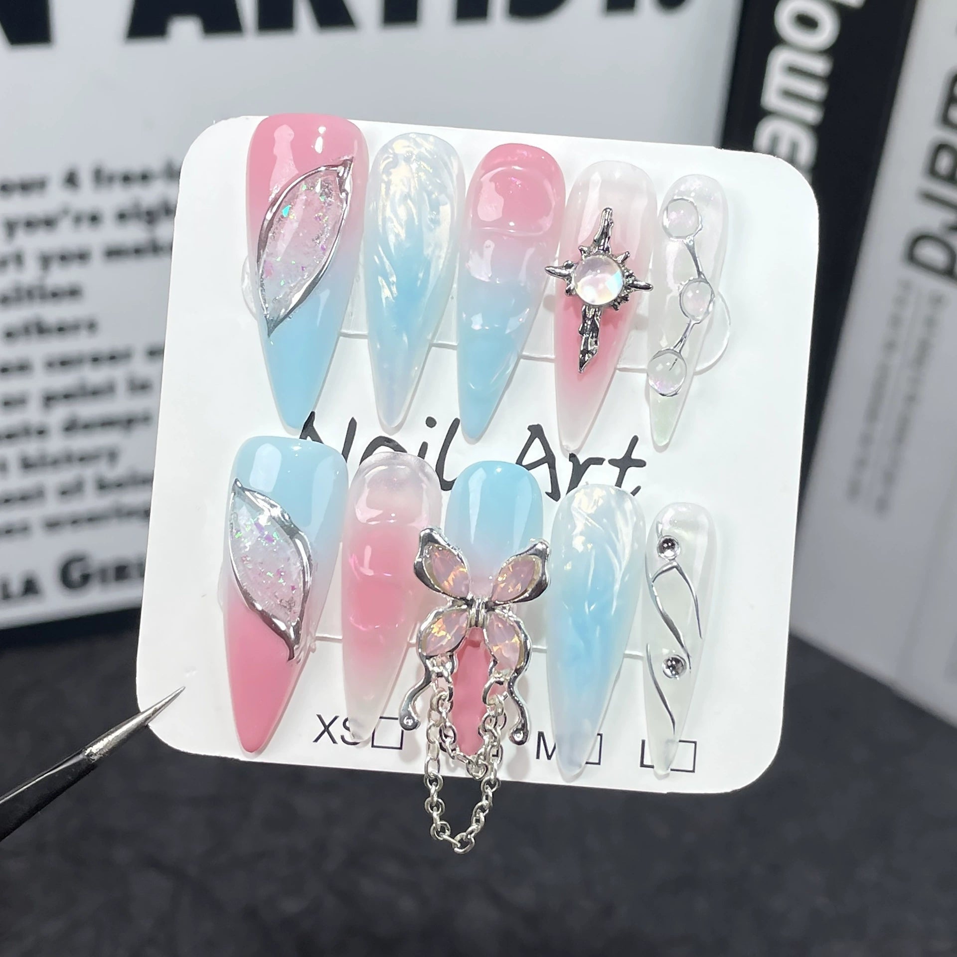 Pink & Blue Gradient Press-On Nails with Silver Cross, Butterfly & Holographic Gems | Sweet Dreamy Girl Style for Parties & Conventions