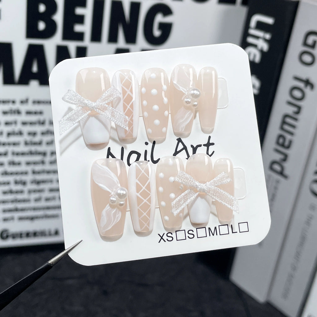 Nude Pink & White Press-On Nails | Silver Bows, Polka Dots, Grid Patterns & Pearl Decorations | Elegant Sweet Lady Nail Art for Wedding & Dates