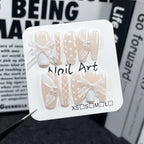 Nude Pink & White Press-On Nails | Silver Bows, Polka Dots, Grid Patterns & Pearl Decorations | Elegant Sweet Lady Nail Art for Wedding & Dates