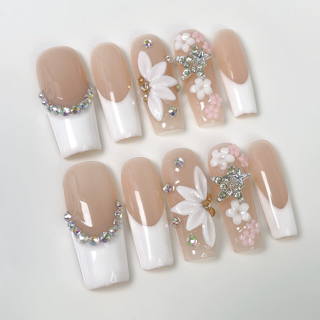 Nude White French 3D Press-On Nails | Elegant Floral Nail Art with Rhinestones & Bead Chains | Perfect for Dates & Daily Wear