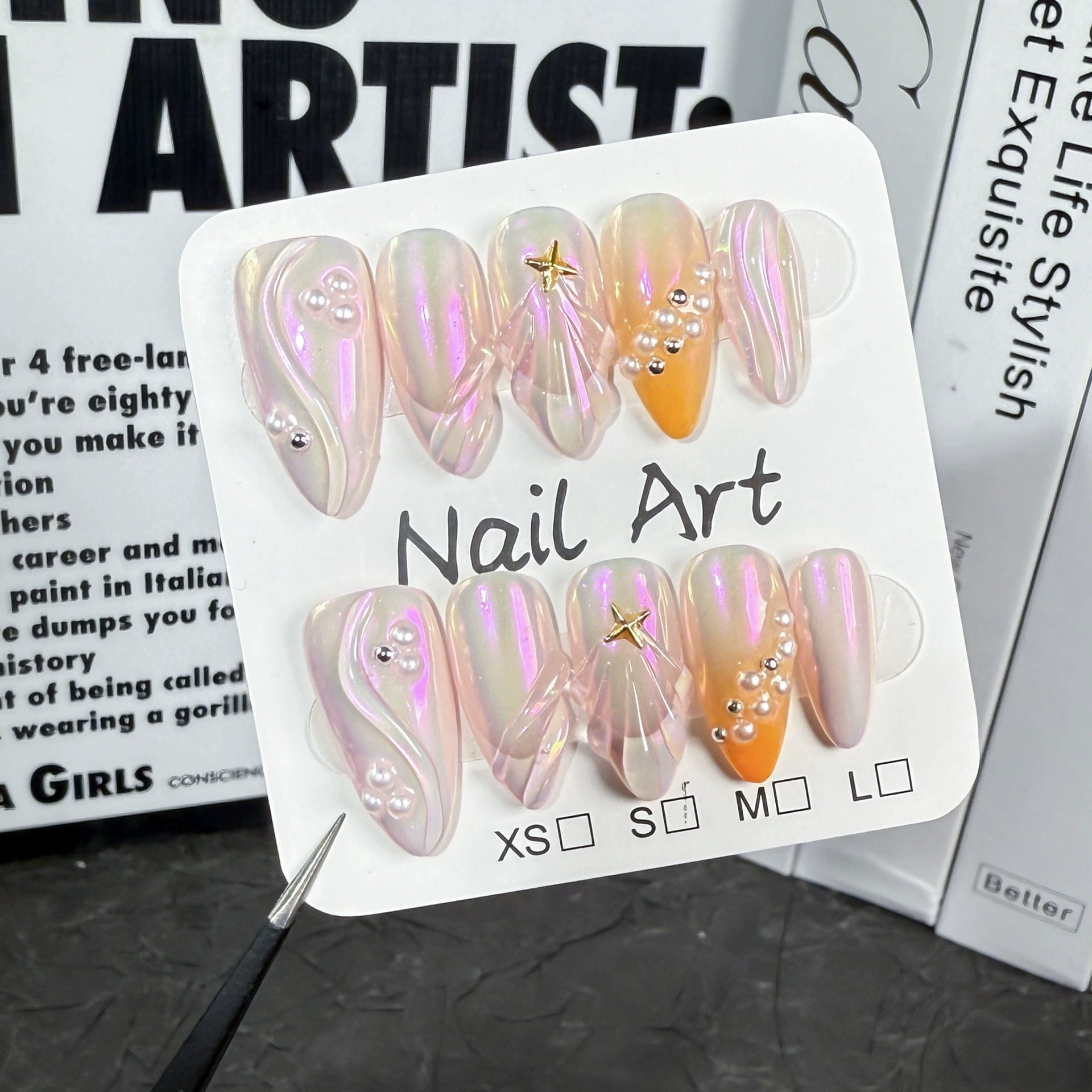 Handcrafted Press On Nails Collection: Glam Elegance & Artistic Edge - Unique Iridescent, Vintage Floral & Edgy Cross Designs
