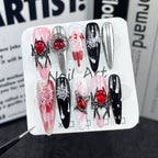Dark Gothic Halloween Press-On Nails - Black, White & Red with Spider, Web & Blood Designs | Spooky Party & Cosplay Nail Art