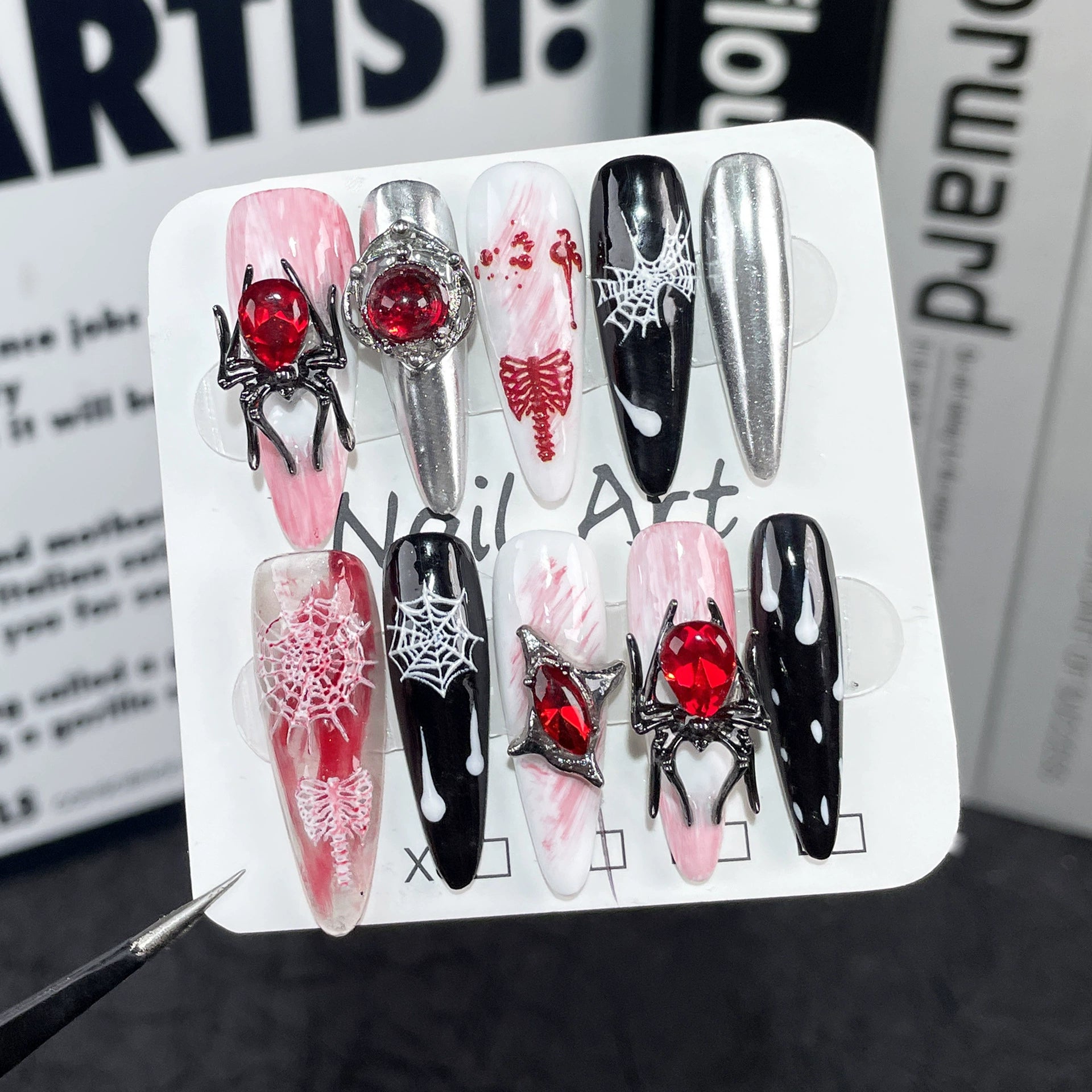 Dark Gothic Halloween Press-On Nails - Black, White & Red with Spider, Web & Blood Designs | Spooky Party & Cosplay Nail Art
