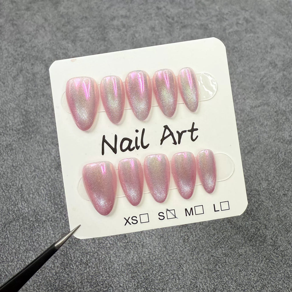 Pink Cat Eye Gradient Press-On Nails with Silver &  Shimmer | Dreamy Sweet Nail Art for Romantic & Fashionable Occasions