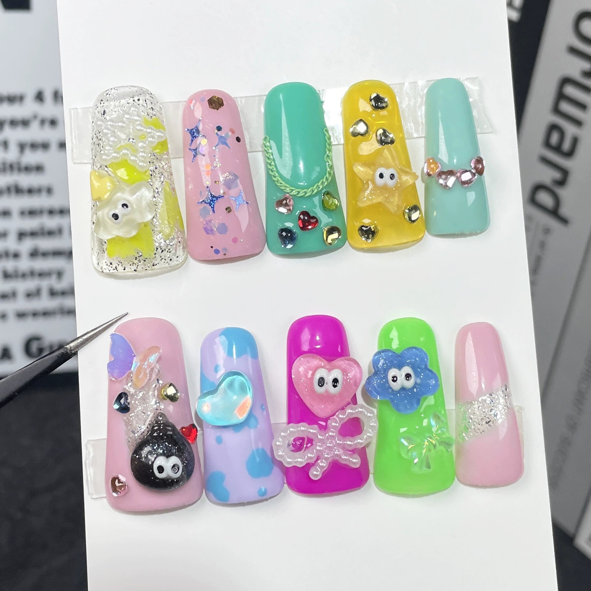Rainbow Color Press-On Nails with 3D Flowers, Hearts & Cute Charms | Fun Artistic Nails for Kids Party, Carnival & Halloween