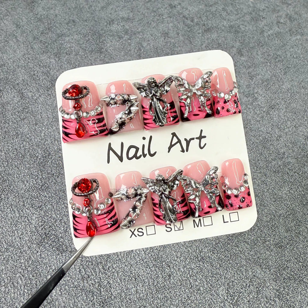 Punk Girl Pink Press-On Nails with Zebra & Leopard Print | Silver Angel, Butterfly & Red Gem Nail Art | Sweet Rock Glam Nails