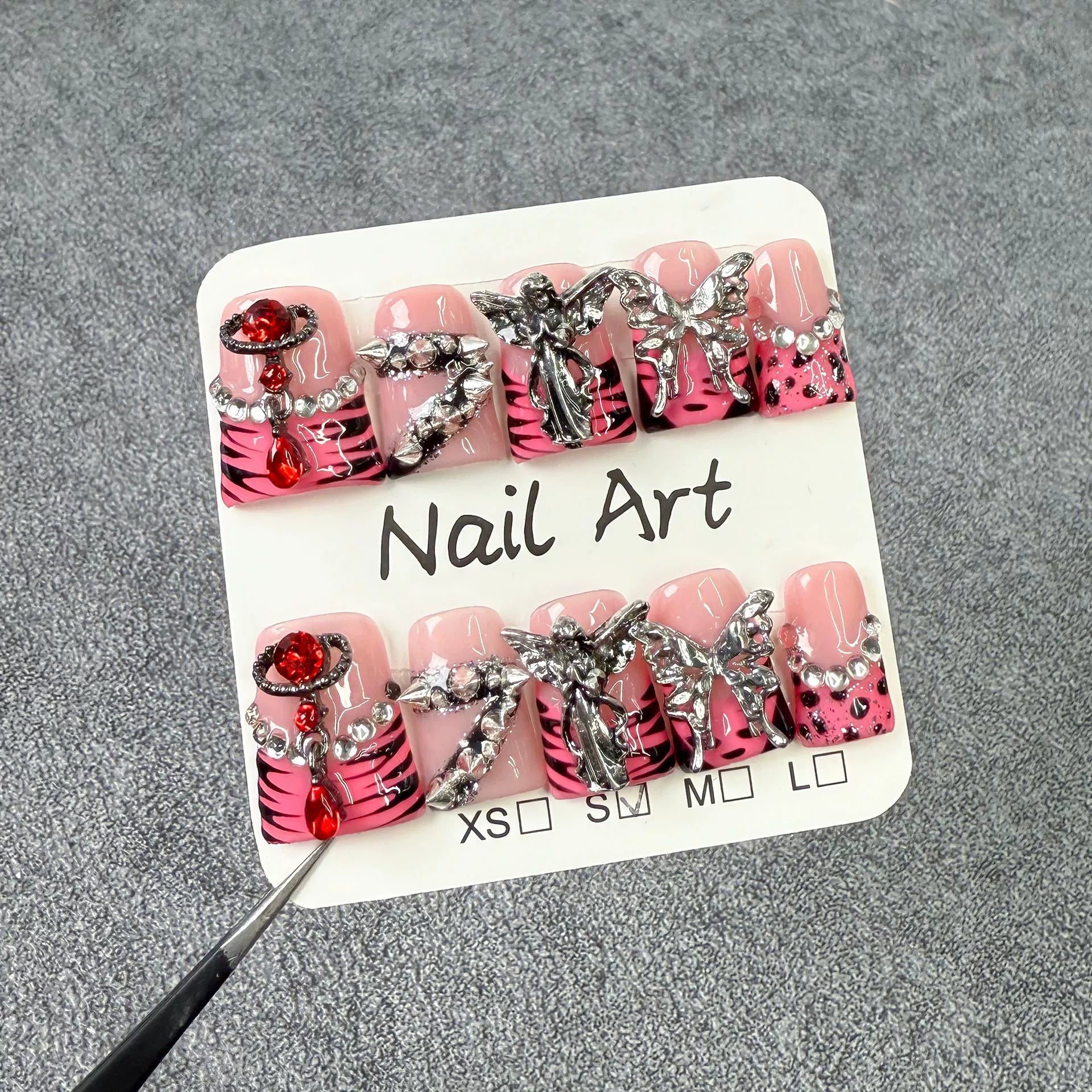 Punk Girl Pink Press-On Nails with Zebra & Leopard Print | Silver Angel, Butterfly & Red Gem Nail Art | Sweet Rock Glam Nails