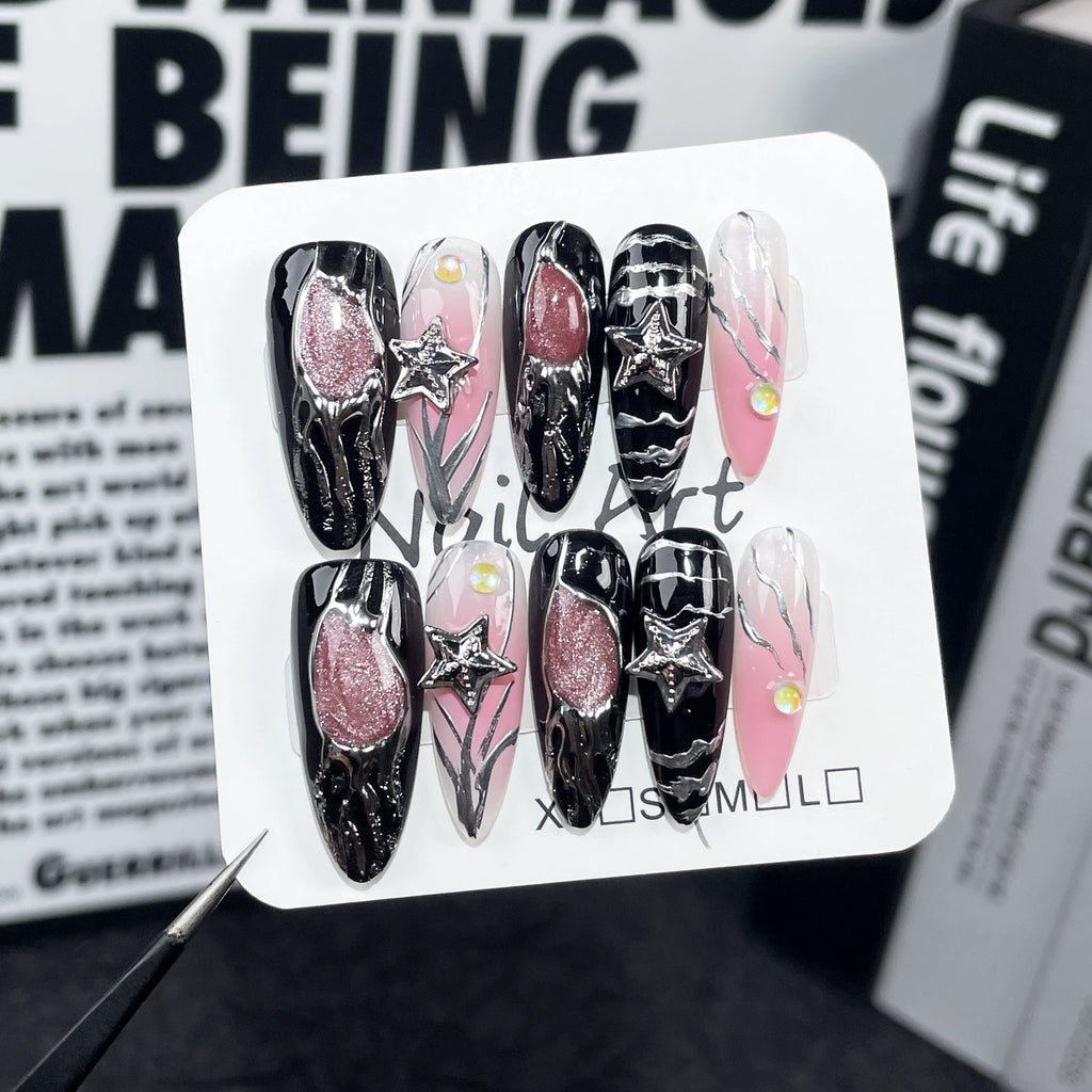 Gothic Glam & Edgy Elegance Press On Nails - Star, Heart & Metallic Statement Nail Sets for Bold Style