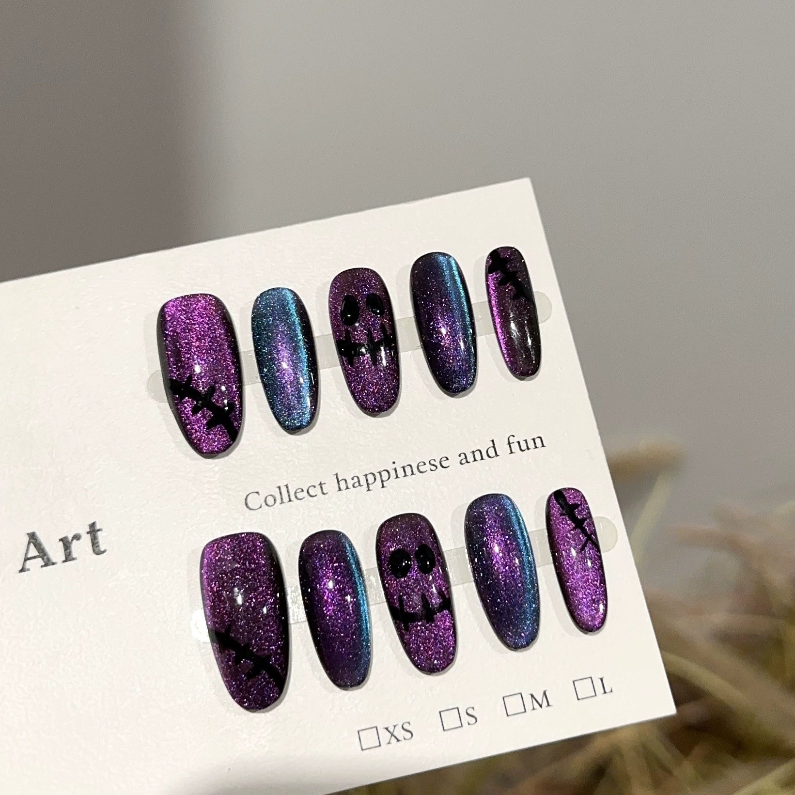 Spooky Halloween Ghost Press-On Nails - Black Face & Thorn Accents | Purple-Blue Gradient Glitter Nails for Halloween Party