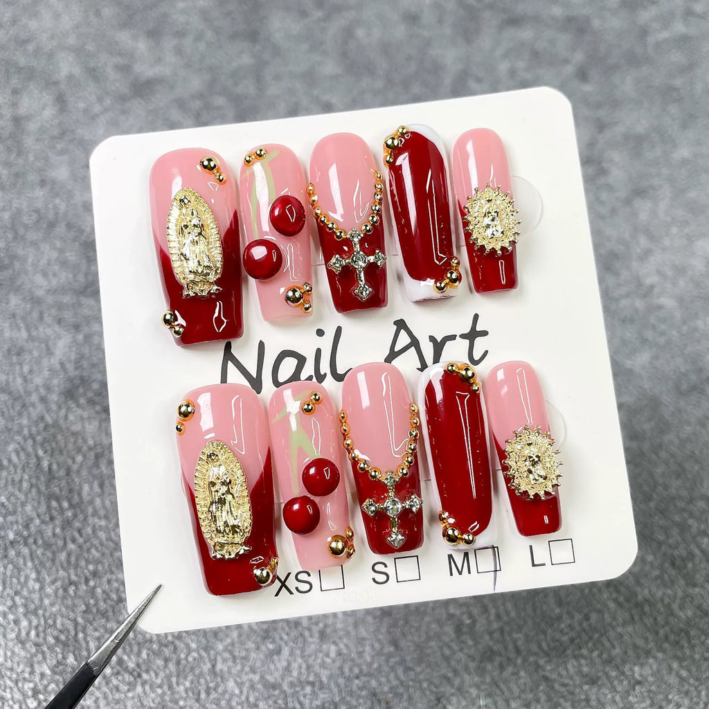 Red & Gold Cross 3D Press-On Nails | Luxury Baroque Religious Nail Art | Elegant Metallic Filigree and Beaded Details