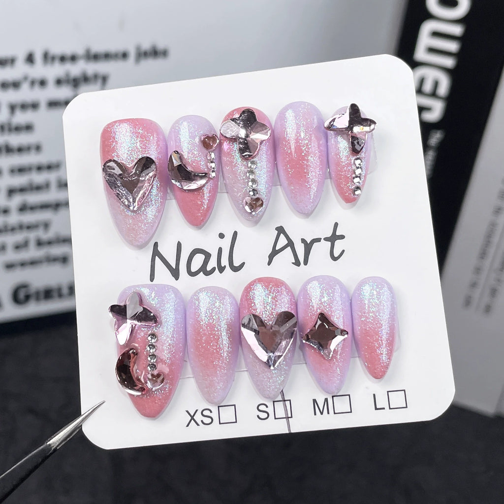 Dreamy Princess Press-On Nails - Pink & Purple Gradient with Hearts, Stars & Crescent Rhinestones | Sparkling Romantic Nail Design for Date, Party & Wedding