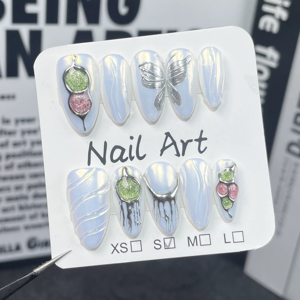 Dreamwave White Pearlescent Press-On Nails | Silver Metallic Glitter Nail Art | Futuristic Party Nails