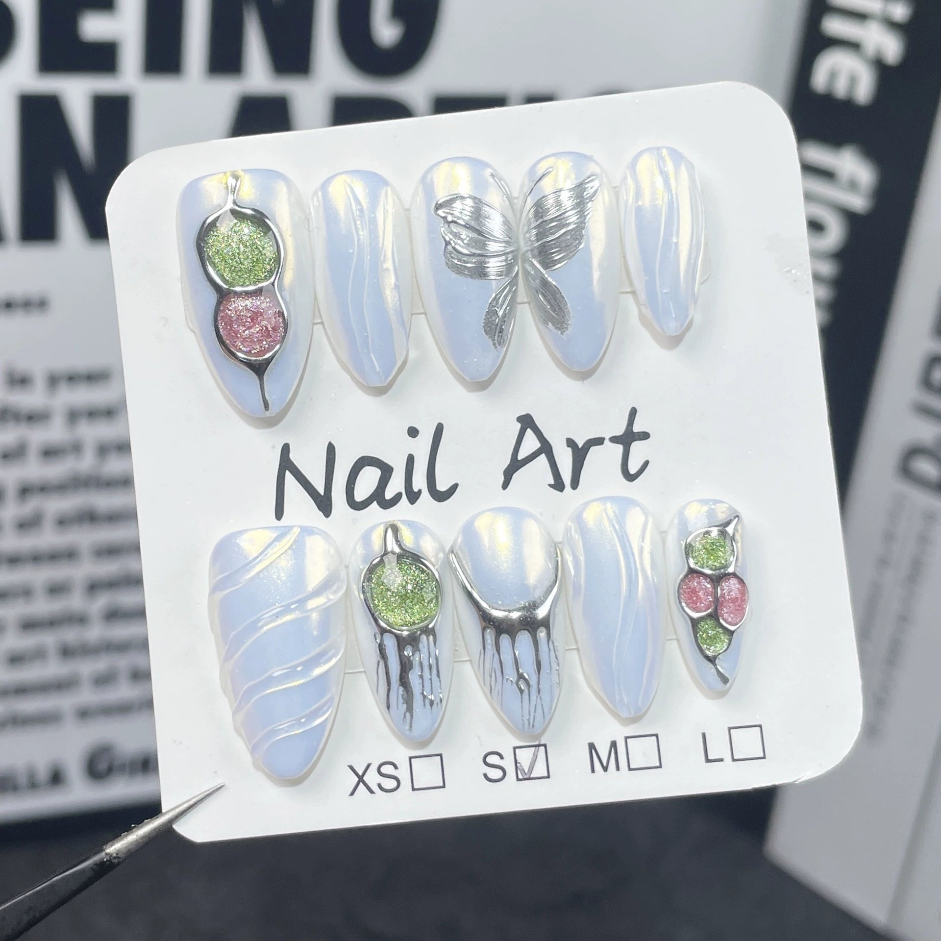 Dreamwave White Pearlescent Press-On Nails | Silver Metallic Glitter Nail Art | Futuristic Party Nails