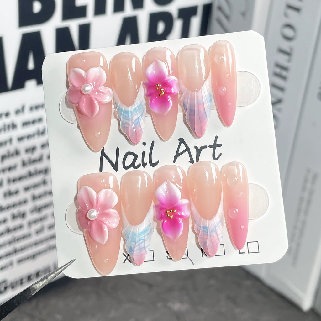 Elegant Sweet Forest Press-On Nails - Nude & Light Pink with 3D Flowers and Blue-Pink Gradient | Romantic Spring & Sakura Season Nail Art