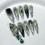 Black and Green Snake Press-On Nails | Silver Metallic Gothic Nail Art with Green Glitter | Dark Halloween Party Nails