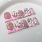 Nude Pink Press-On Nails with 3D Bow, Pearls & Rhinestones | Sweet Elegant Princess Nail Art