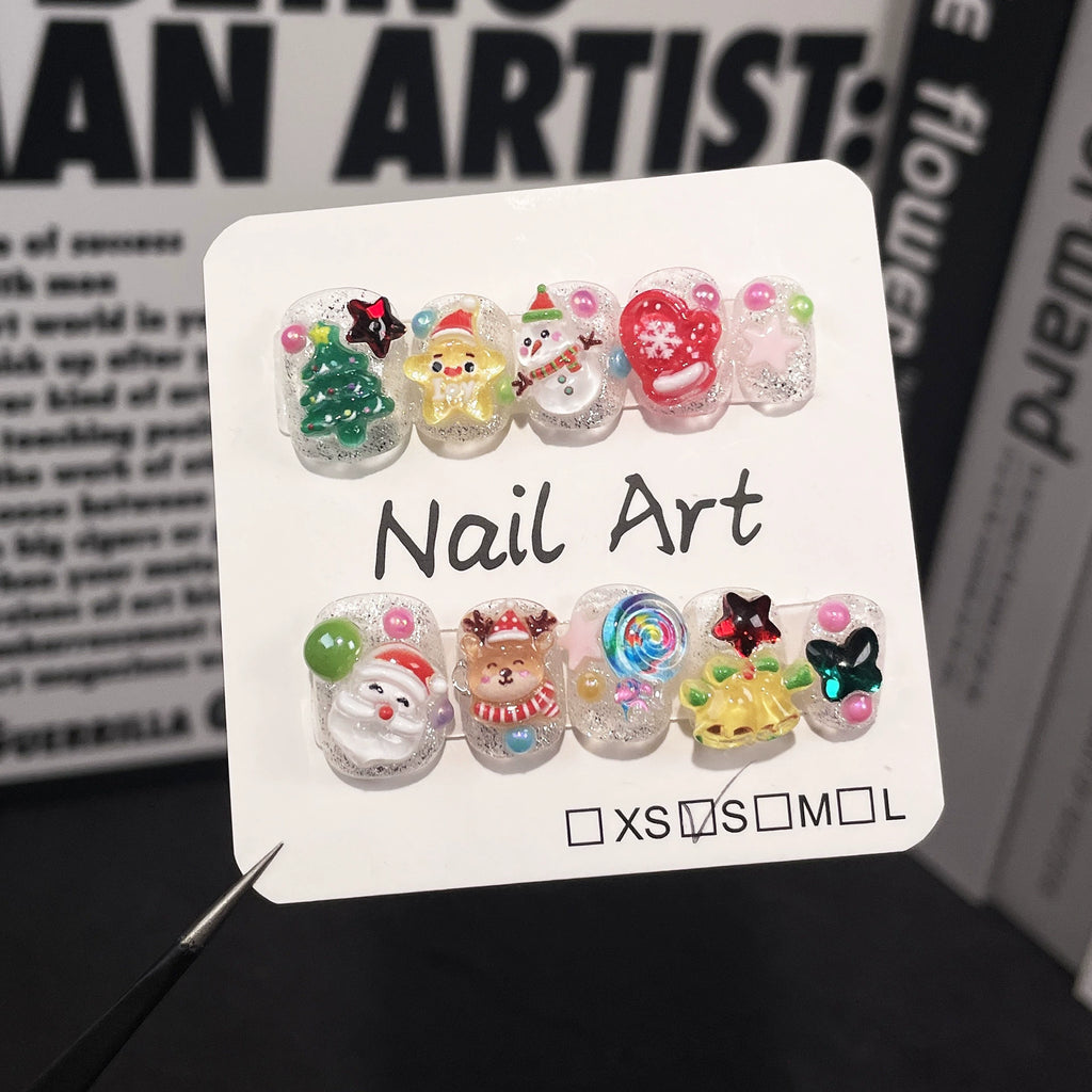 Christmas 3D Press-On Nails with Santa, Reindeer & Snowman | Holiday Nail Art with Candy & Beads | Festive Winter Party Nails