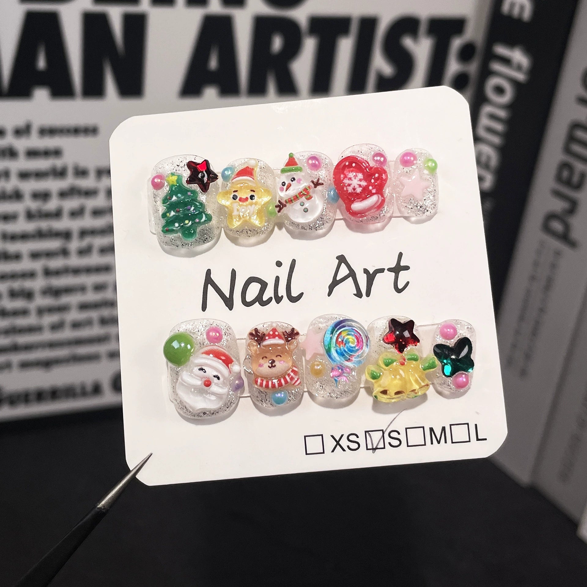 Christmas 3D Press-On Nails with Santa, Reindeer & Snowman | Holiday Nail Art with Candy & Beads | Festive Winter Party Nails