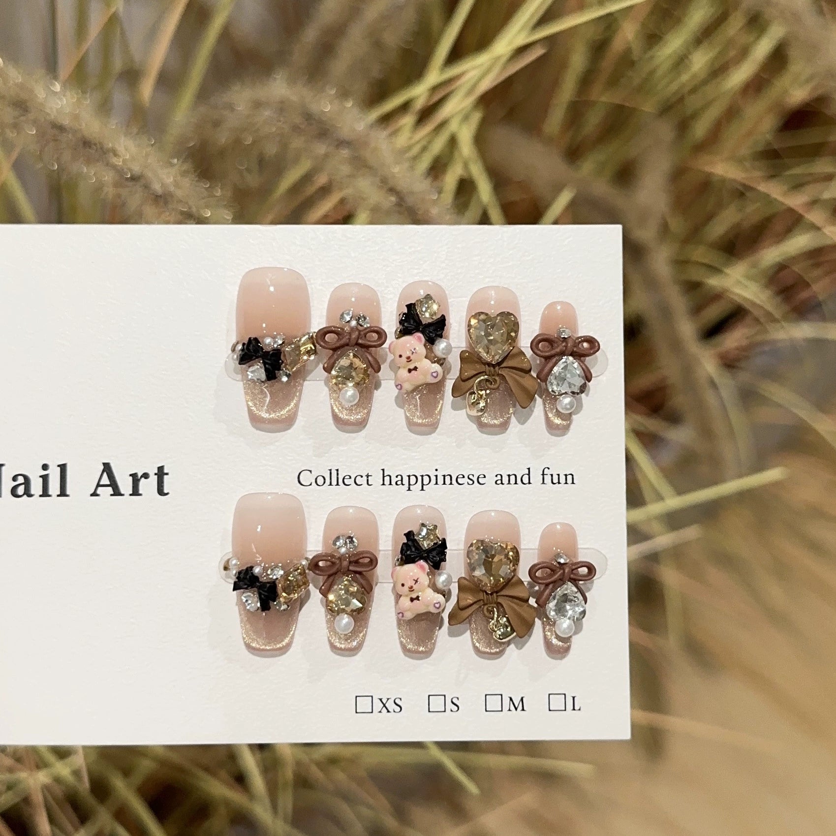 Nude Pink Glitter Press-On Nails | 3D Bows, Teddy Bears, Pearls & Rhinestones | Sweet Elegant Luxury Nail Art for Parties & Dates