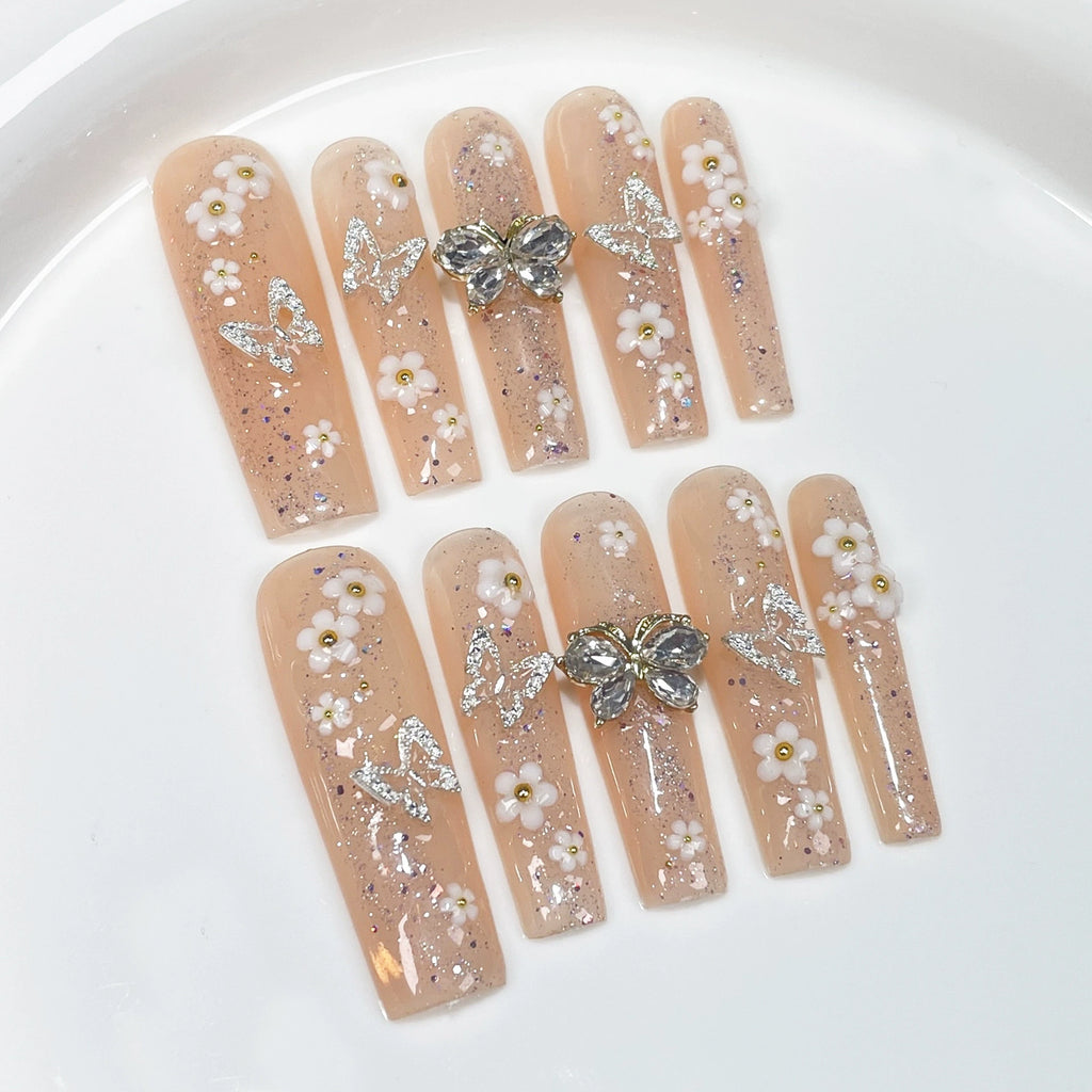 Nude Pink Fairy Press-On Nails with White Flowers, Silver & 3D Butterfly Rhinestones | Elegant Spring Nail Art for Weddings, Tea Parties & Festivals
