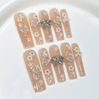 Nude Pink Fairy Press-On Nails with White Flowers, Silver & 3D Butterfly Rhinestones | Elegant Spring Nail Art for Weddings, Tea Parties & Festivals