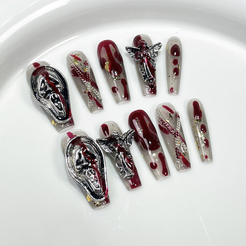 Transparent & Deep Red Gothic Press-On Nails | Angel & Ghost Design | Dark Religious Horror Nails for Halloween, Gothic Party, Dark Art Event