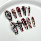 Transparent & Deep Red Gothic Press-On Nails | Angel & Ghost Design | Dark Religious Horror Nails for Halloween, Gothic Party, Dark Art Event