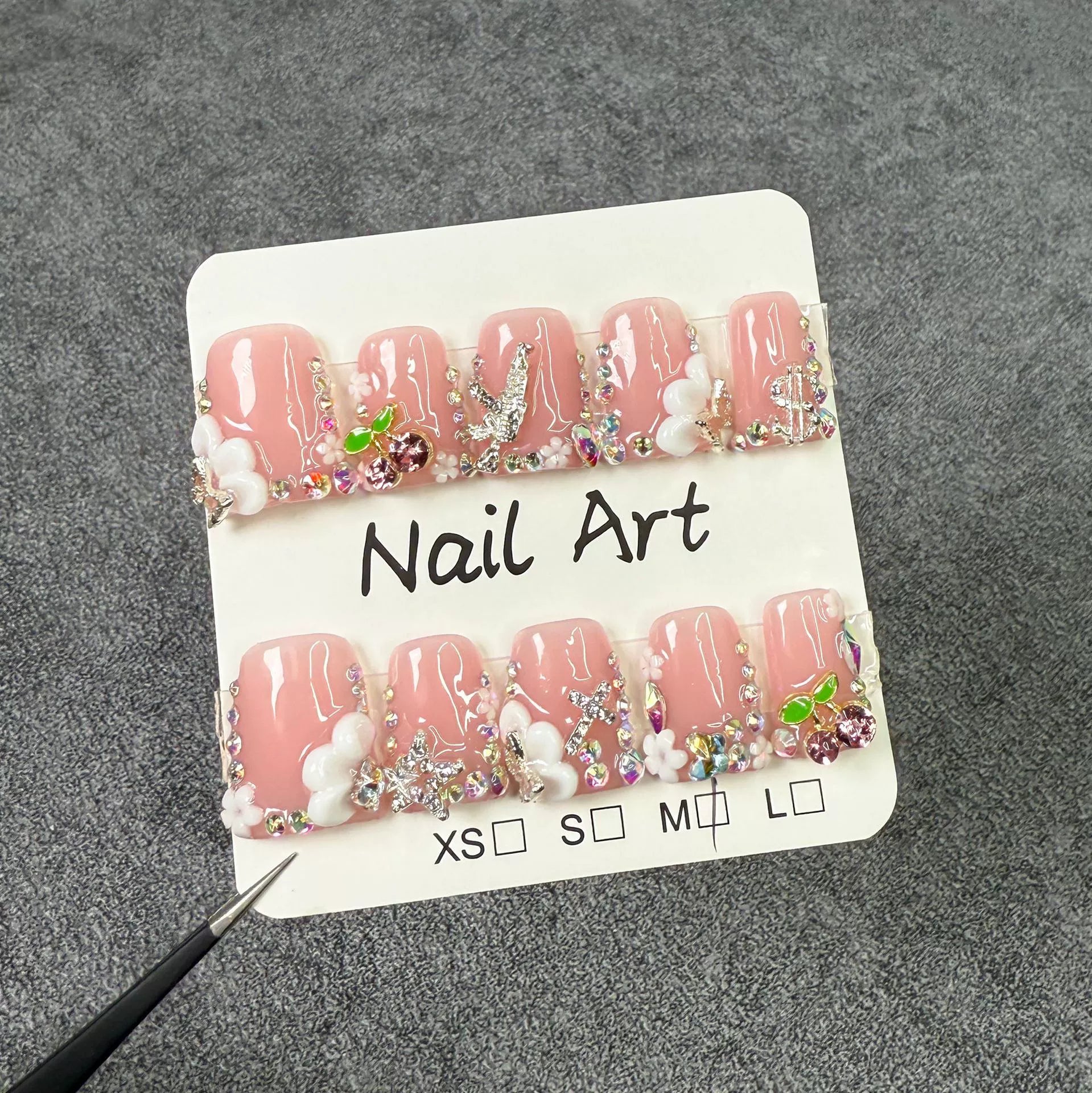 Luxury Pink Cloud Press-On Nails | 3D Cherry & Crystal Nail Art with Silver Bird, Star & Cross Charms | Elegant Glam Nails for Party & Valentine’s Day