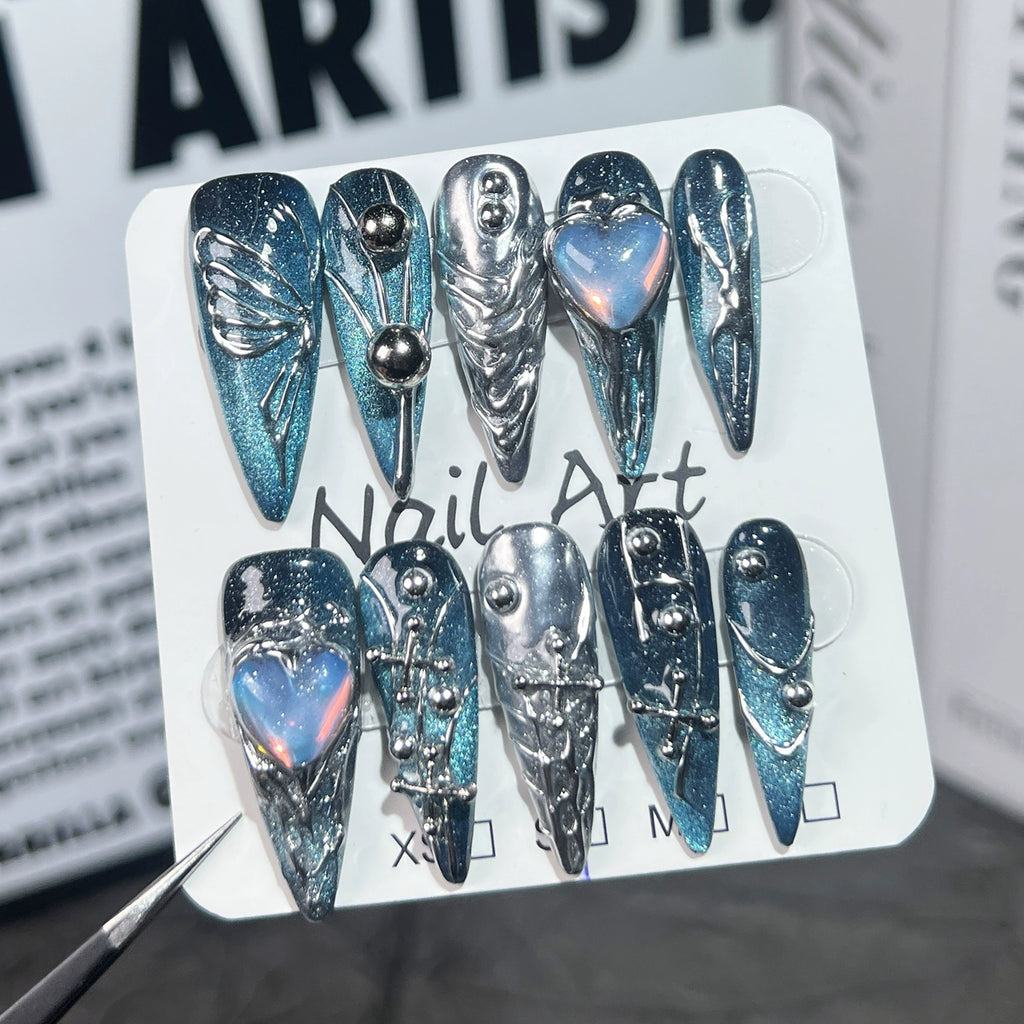 Blue Silver Press-On Nails | Futuristic Romantic Butterfly Nail Art with Iridescent Heart Gems | Perfect for Party, Valentine’s Day & New Year