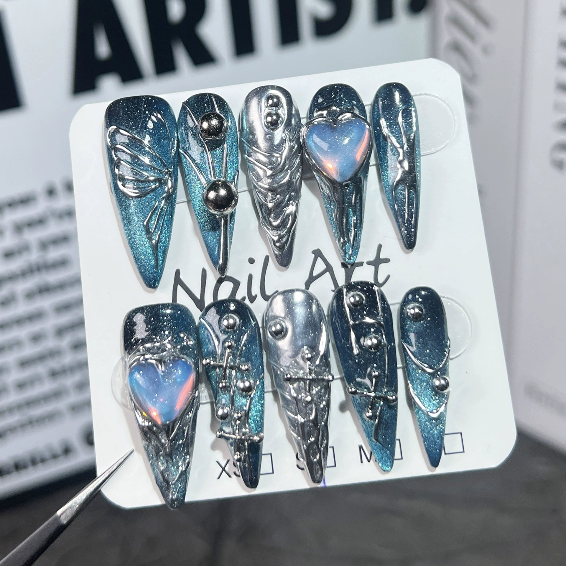 Blue Silver Press-On Nails | Futuristic Romantic Butterfly Nail Art with Iridescent Heart Gems | Perfect for Party, Valentine’s Day & New Year