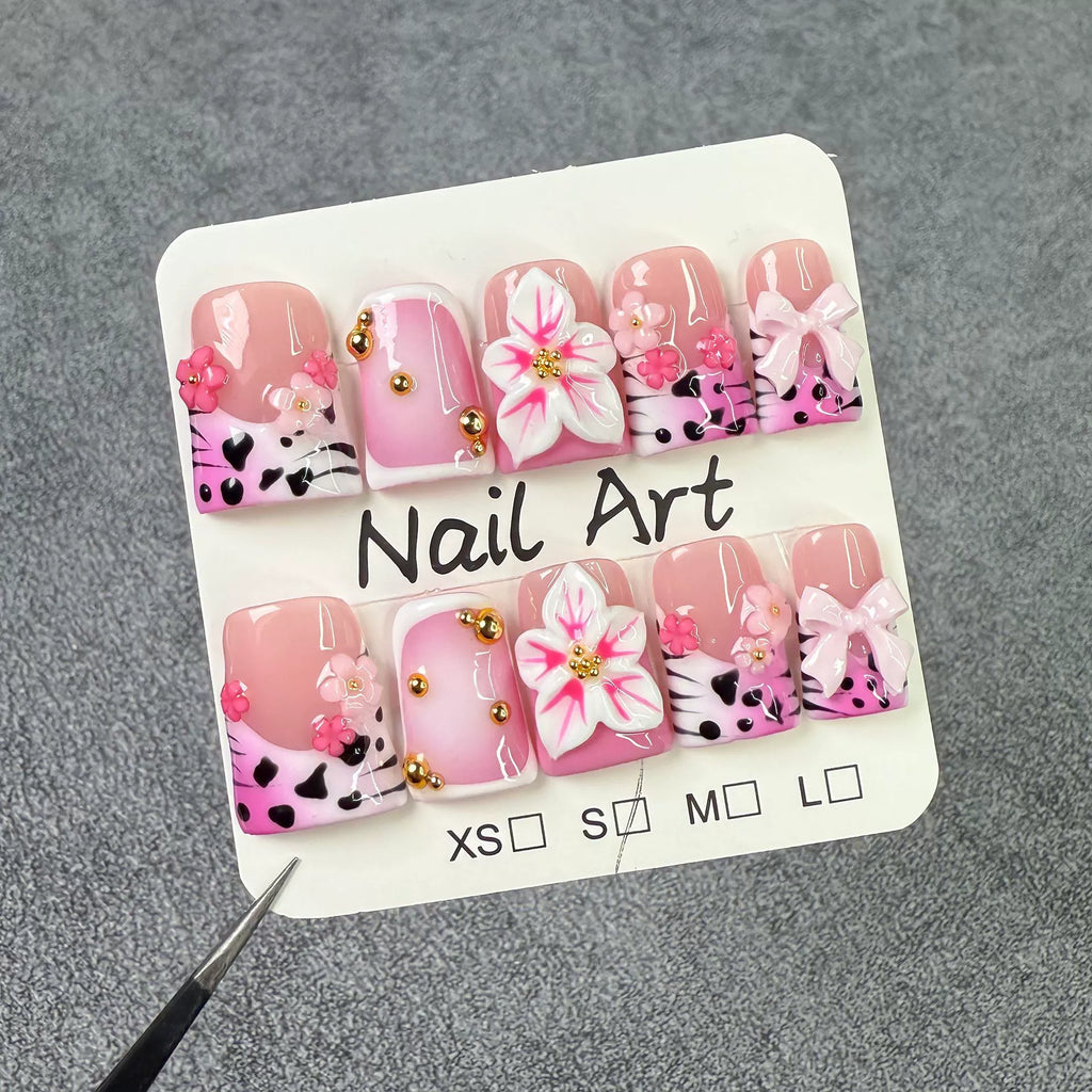 Pink Leopard & Zebra Print Press-On Nails | 3D Flower & Bow Nail Art with Gold Beads | Sweet Punk Mixed-Style Nails for Party & Valentine’s Day