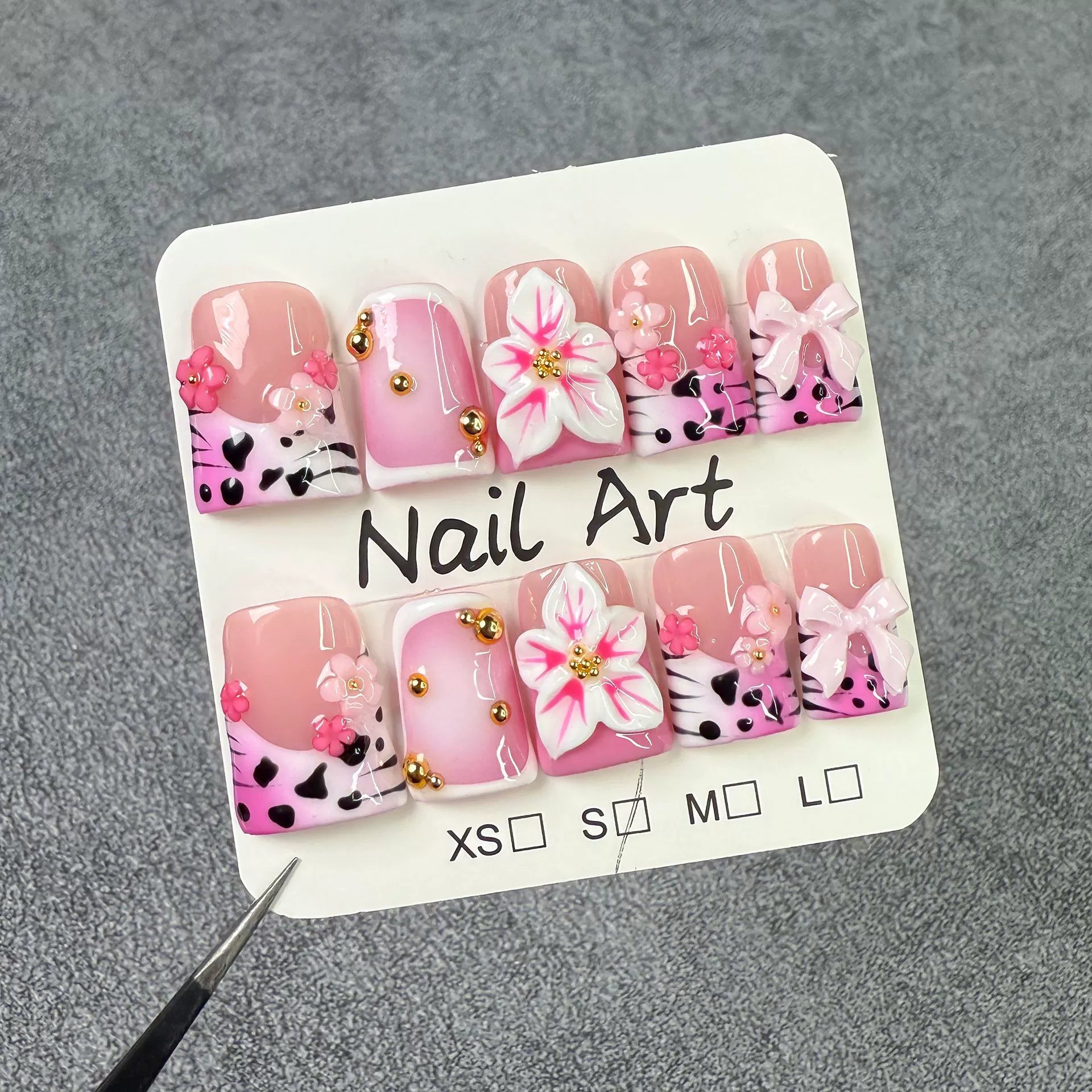 Pink Leopard & Zebra Print Press-On Nails | 3D Flower & Bow Nail Art with Gold Beads | Sweet Punk Mixed-Style Nails for Party & Valentine’s Day