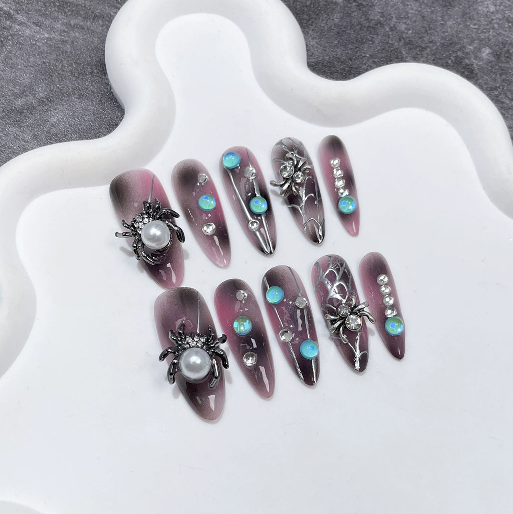 Purple & Pink Gradient Press-On Nails - 3D Spider & Web Accents | Gothic Dark Glam Nails for Halloween Party