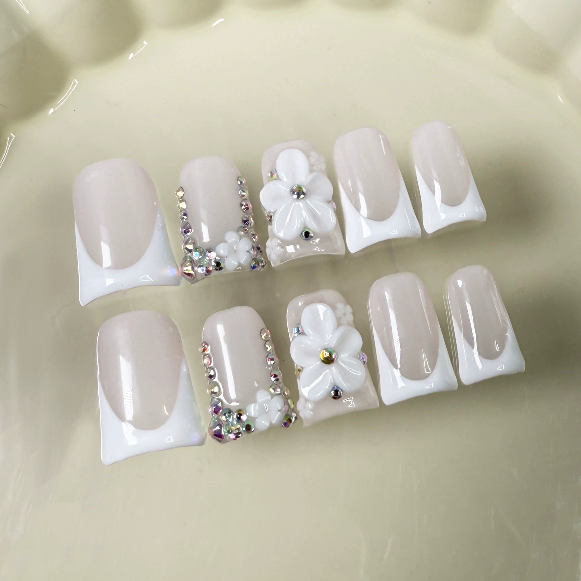 Beige French Tip Press-On Nails | 3D Flower Rhinestone Nail Art | Luxury Elegant Nails for Wedding & Party