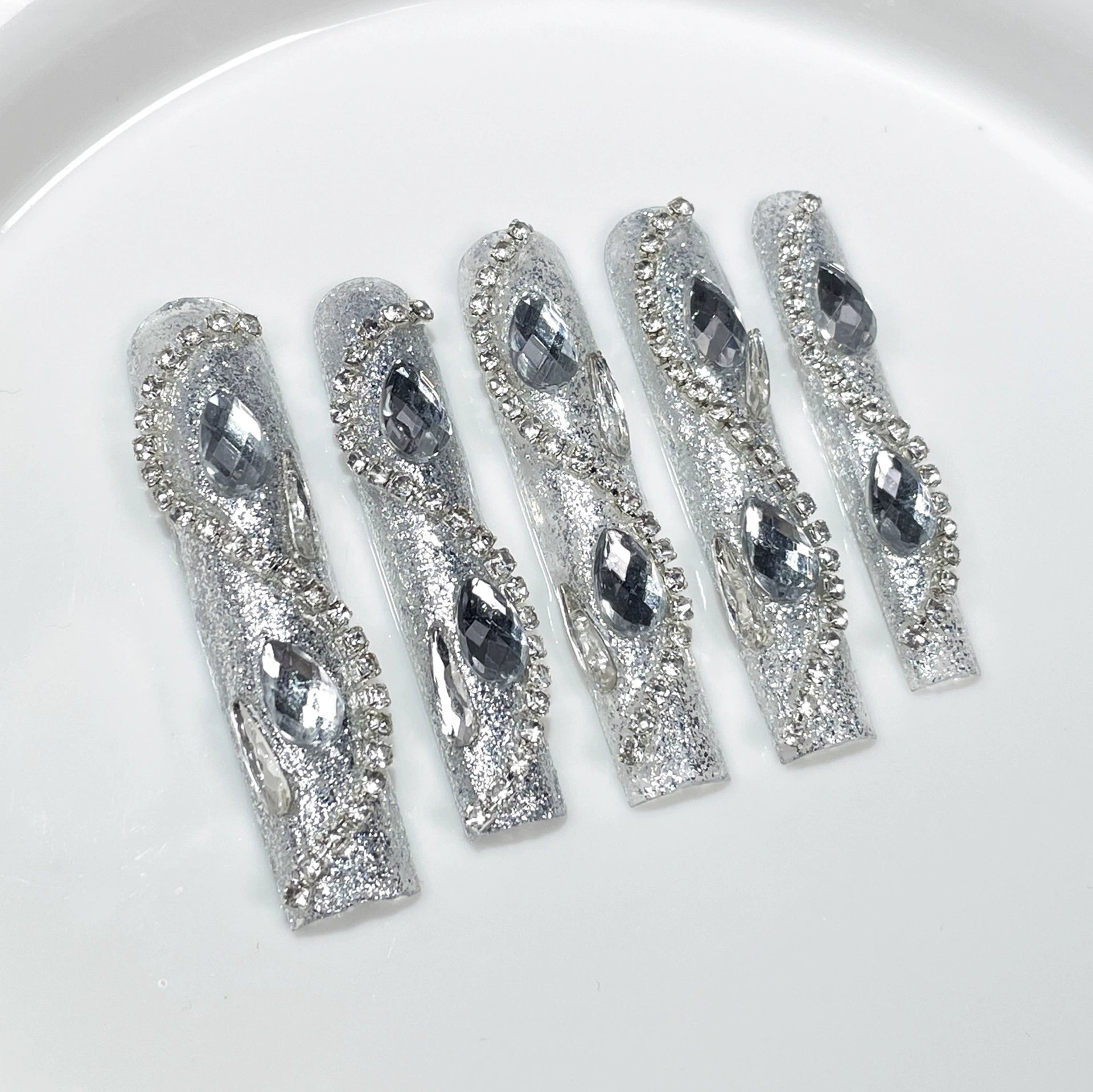 Silver Glitter Press-On Nails | Rhinestone & Gem Crystal Nails for Gala, Red Carpet & Party