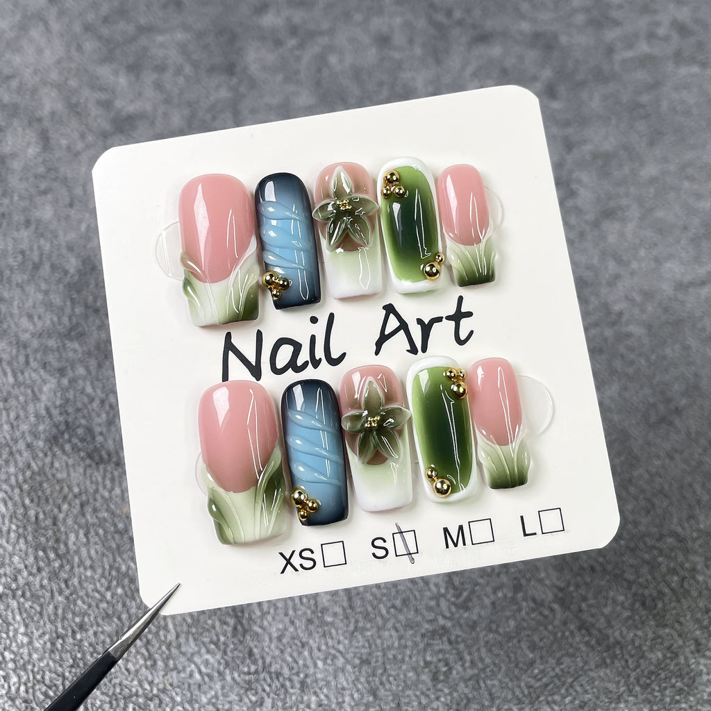 Pastel Garden Bloom - Floral Press-On Nails | 3D Gradient Nail Art for Spring Picnic & Tea Party | Elegant Gold Bead Nails with Pink, Blue & Green Tones