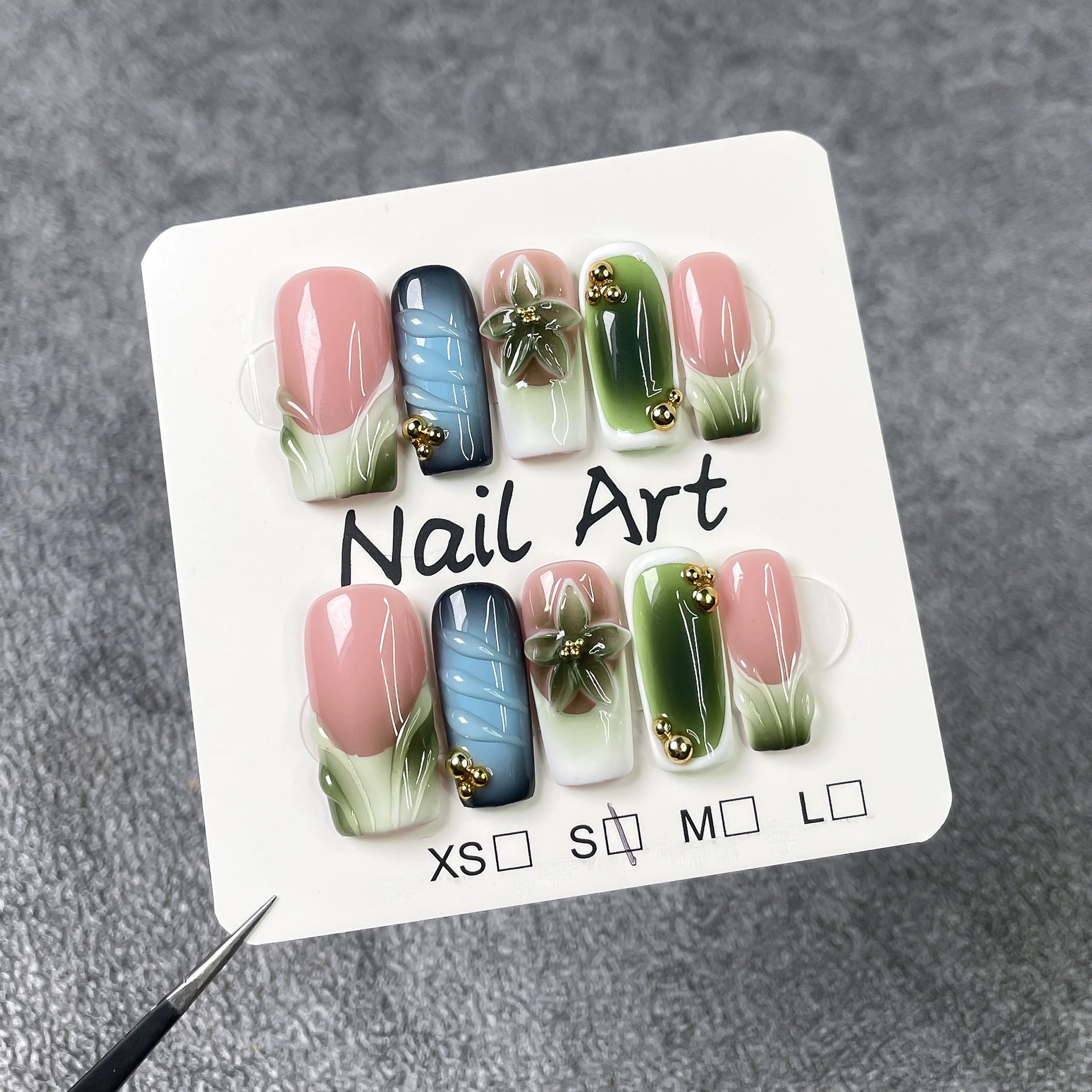 Pastel Garden Bloom - Floral Press-On Nails | 3D Gradient Nail Art for Spring Picnic & Tea Party | Elegant Gold Bead Nails with Pink, Blue & Green Tones