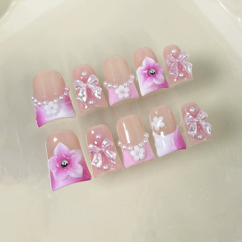 Pink Gradient Press-On Nails | 3D Flower Bow Pearl Nail Art | Sweet Princess Style for Valentine’s Day or Wedding