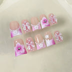 Pink Gradient Press-On Nails | 3D Flower Bow Pearl Nail Art | Sweet Princess Style for Valentine’s Day or Wedding