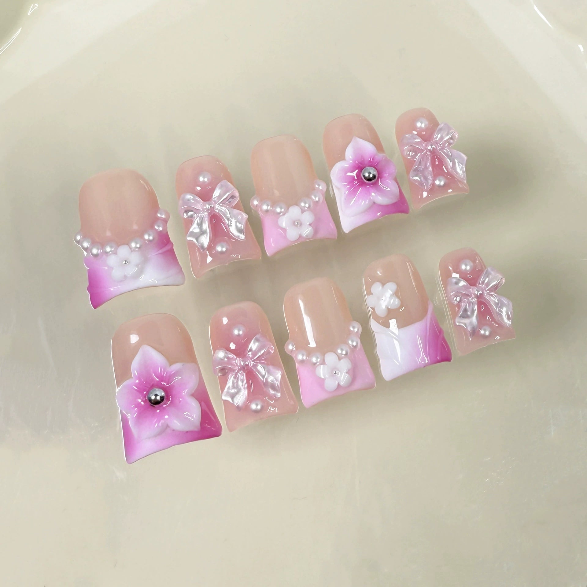 Pink Gradient Press-On Nails | 3D Flower Bow Pearl Nail Art | Sweet Princess Style for Valentine’s Day or Wedding