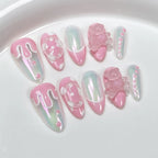 Sweet Candy Fantasy Press-On Nails - Pink & Iridescent Aurora with Drip Frosting, 3D Bears & Transparent Dots | Playful Romantic Nail Design for Date, Party & Dessert Events