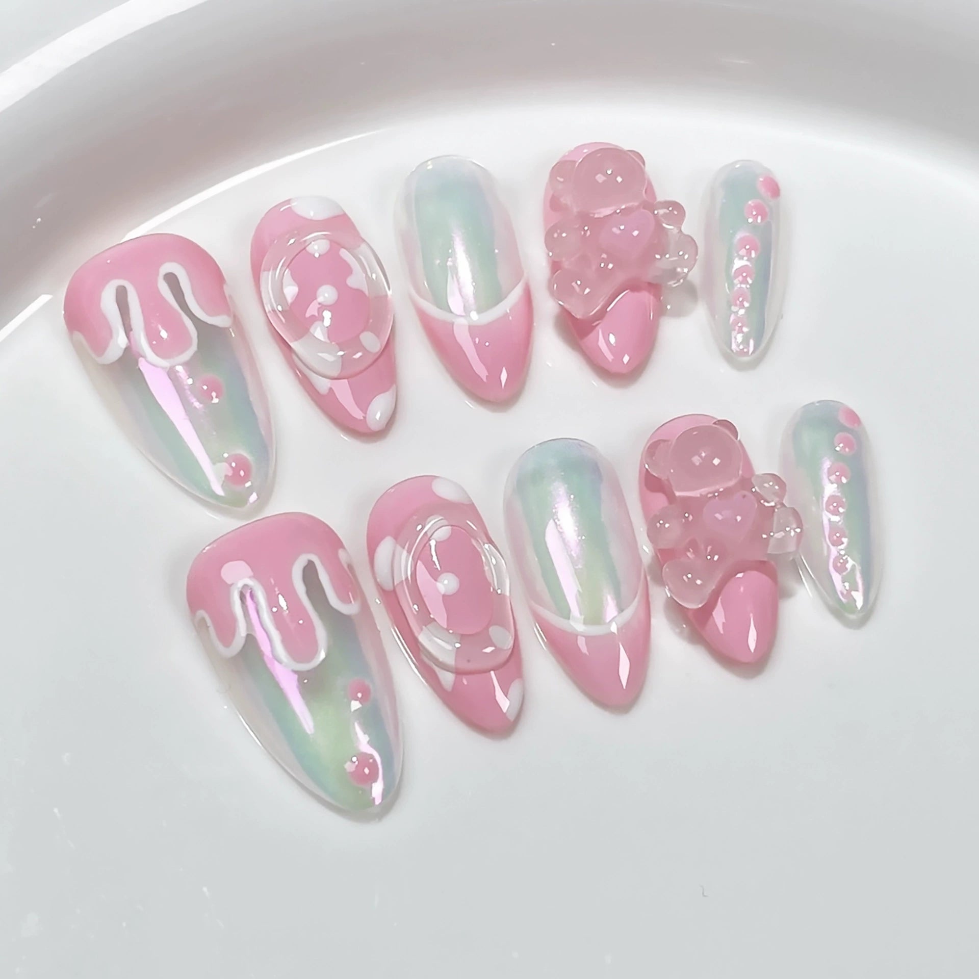 Sweet Candy Fantasy Press-On Nails - Pink & Iridescent Aurora with Drip Frosting, 3D Bears & Transparent Dots | Playful Romantic Nail Design for Date, Party & Dessert Events