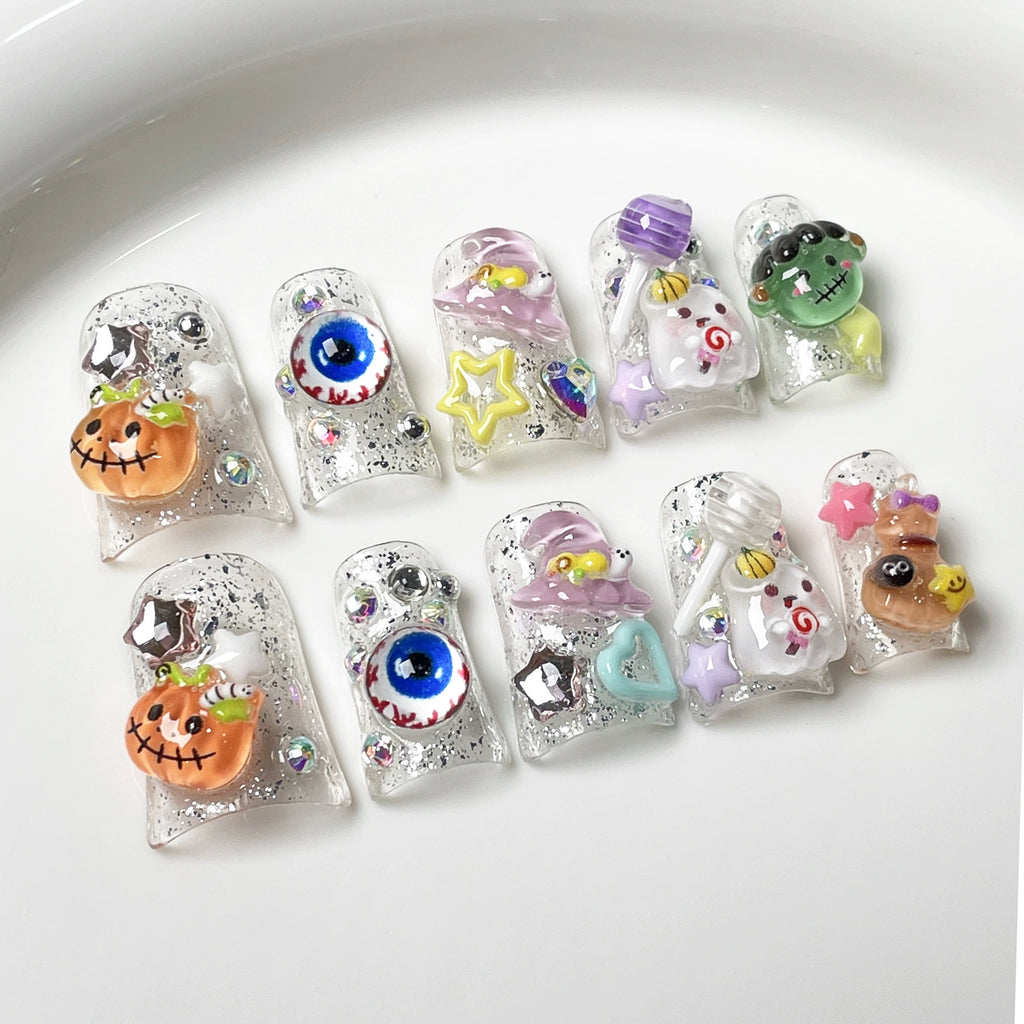 Halloween Cute 3D Press-On Nails with Pumpkin, Eyeball, Witch Hat & Candy | Spooky Glitter Party Nails for Halloween Costume & Events