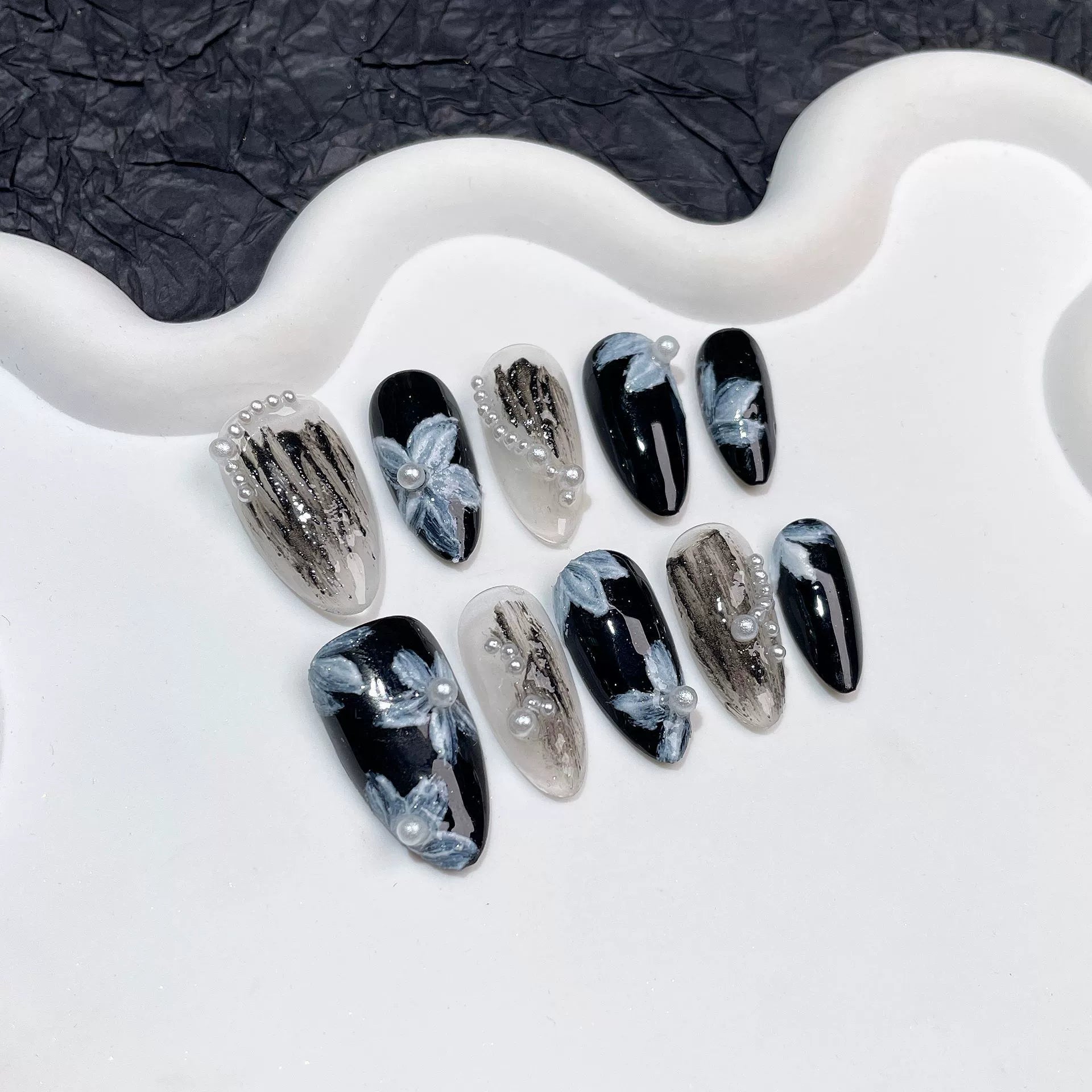 Elegant Ink Wash Press-On Nails - Black, White & Gray-Blue with Hand-Painted Flowers & Pearl Accents | Sophisticated Artistic Nail Design for Work & Art Events